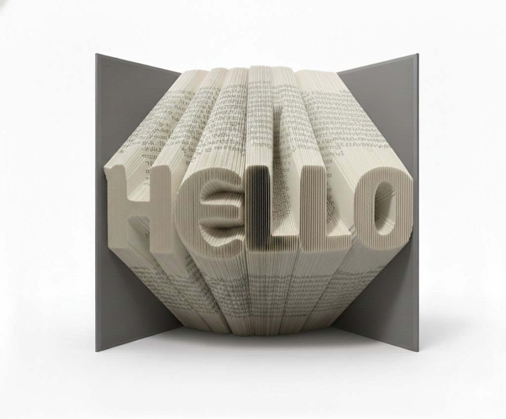 Folded book displaying HELLO